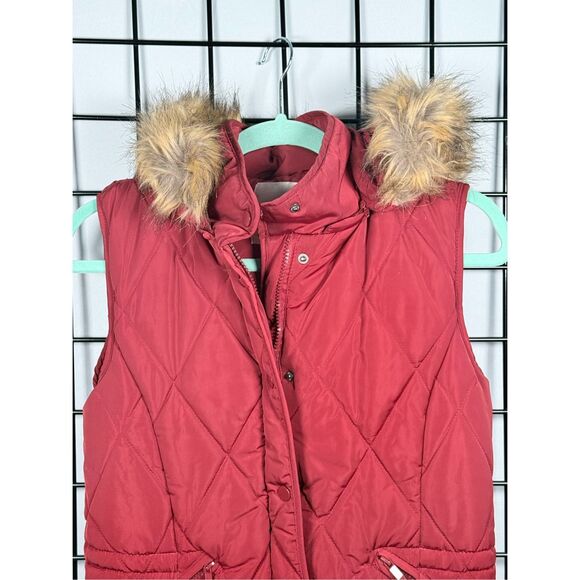 Zara Quilted Vest Womens S Red Faux Fur Removable Hood Puffer Winter Gorpcore - Picture 2 of 10